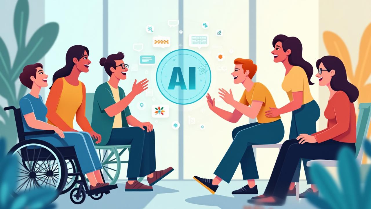 Farklı yeteneklere sahip insanların bir arada, uyum içinde teknolojiyi kullandığı bir illüstrasyon, kapsayıcılığı ve yapay zeka eğitiminde eşit fırsatları simgeliyor.