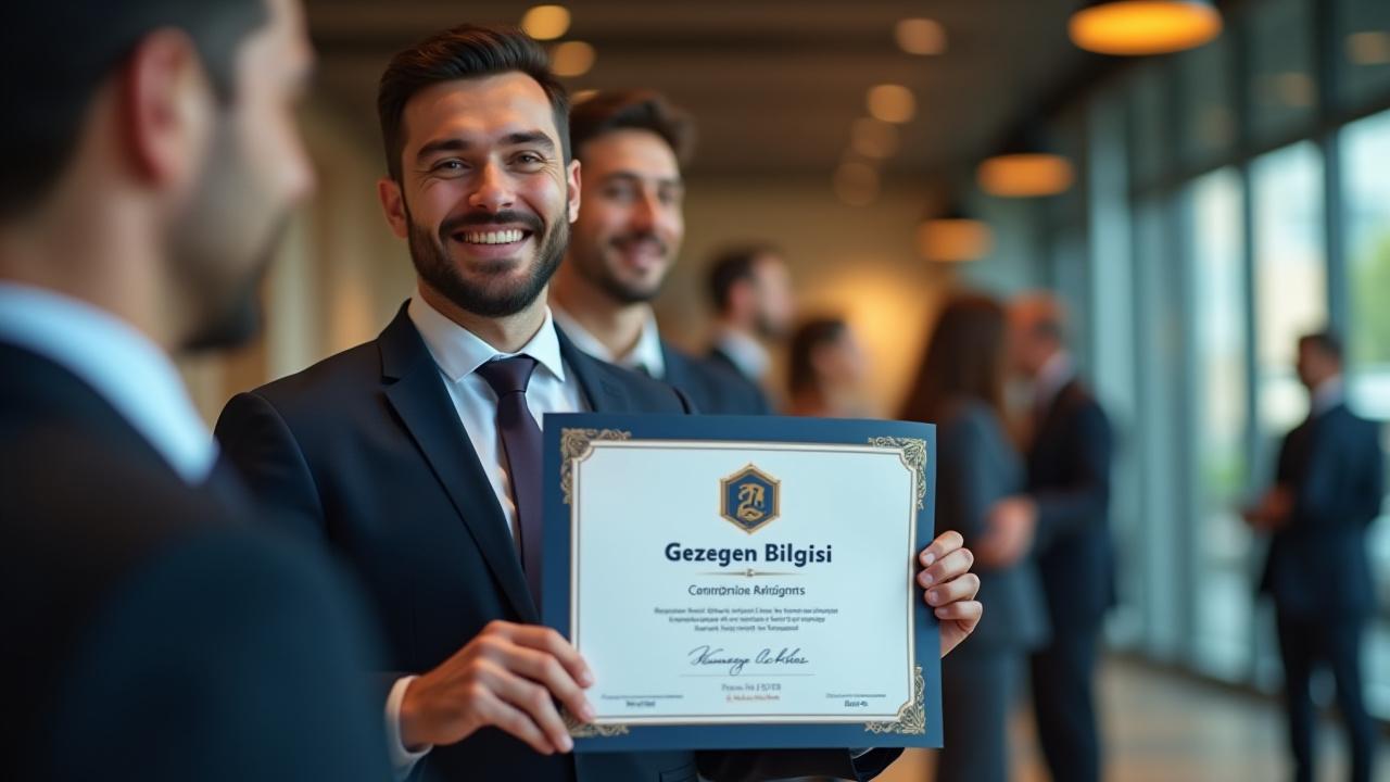 Mezuniyet töreninde Gezegen Bilgisi sertifikasını gururla tutan bir profesyonel.