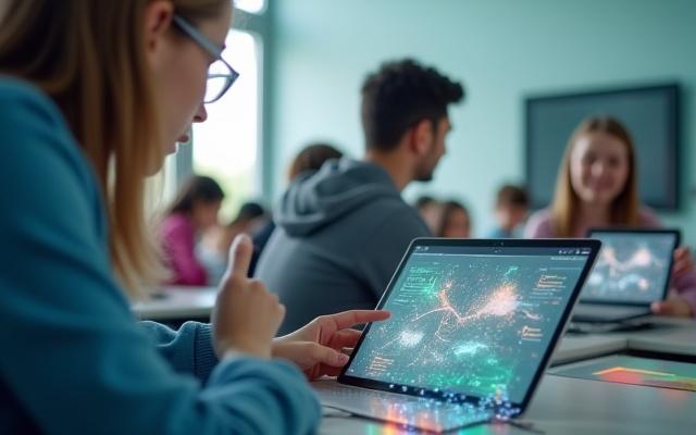 Öğrencilerin etkileşimli yapay zeka destekli bir eğitim uygulamasını tabletlerinden kullandıkları bir sınıf ortamı.