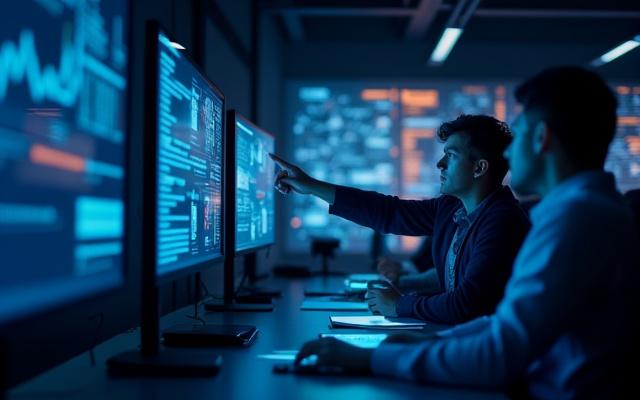 Siber güvenlik uzmanları, bir bankanın finansal işlemlerindeki anormallikleri bir dashboard üzerinden izliyor.