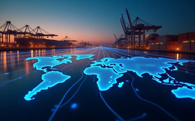 Akıllı algoritmalarla optimize edilmiş lojistik rotalarını gösteren bir harita ve nakliye araçları.