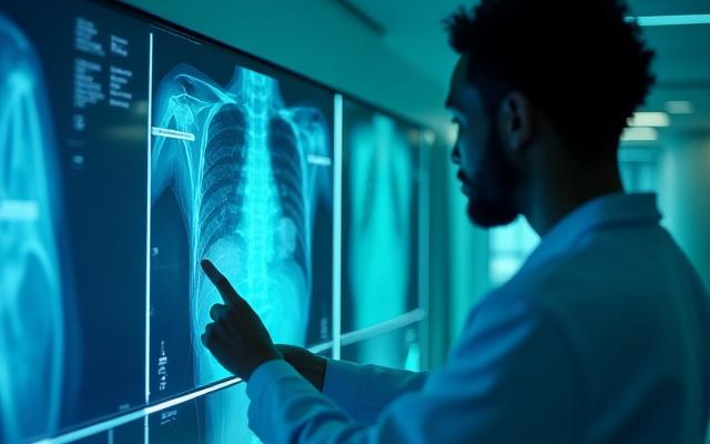 Yapay zeka asistanı ile birlikte çalışan bir doktor, tıbbi görüntüleri incelerken.