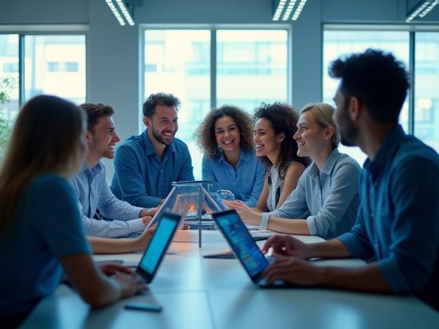 Modern bir ofis ortamında yapay zeka projeleri üzerinde çalışan mutlu ve dinamik bir ekip