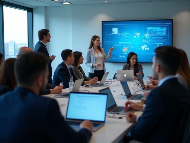 Modern bir toplantı odasında eğitmen ve iş profesyonellerinden oluşan bir grubun AI eğitimi alması